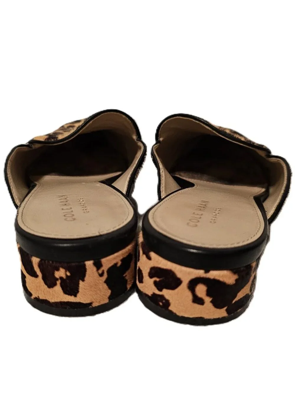 Cole Haan Piper Mules in a leopard print calf hair